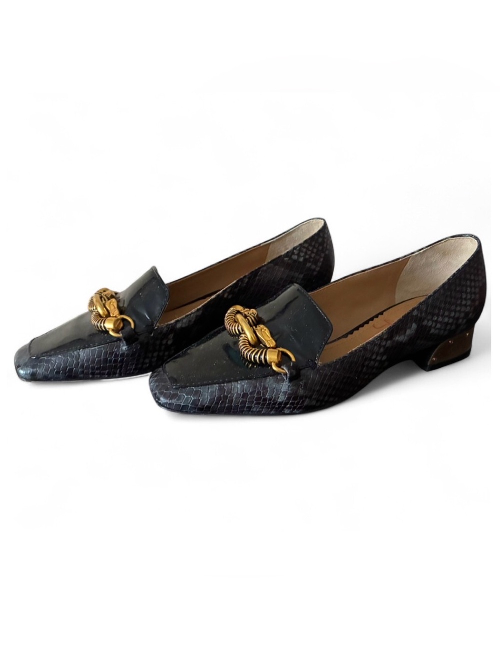 Tory Burch Jessa Loafers Stumped Snake-Printed Leather Gold Horse-Heads 6M